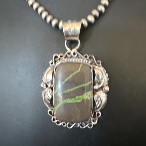 Navajo Green Boulder Turquoise Necklace Pendant | Sterling Silver | Men's Women's | 16134