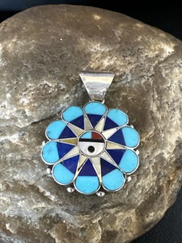 Zuni Sun Face Pendant | Turquoise, Mother of Pearl, Onyx Inlay | Sterling Silver | Native American Handmade | 15179