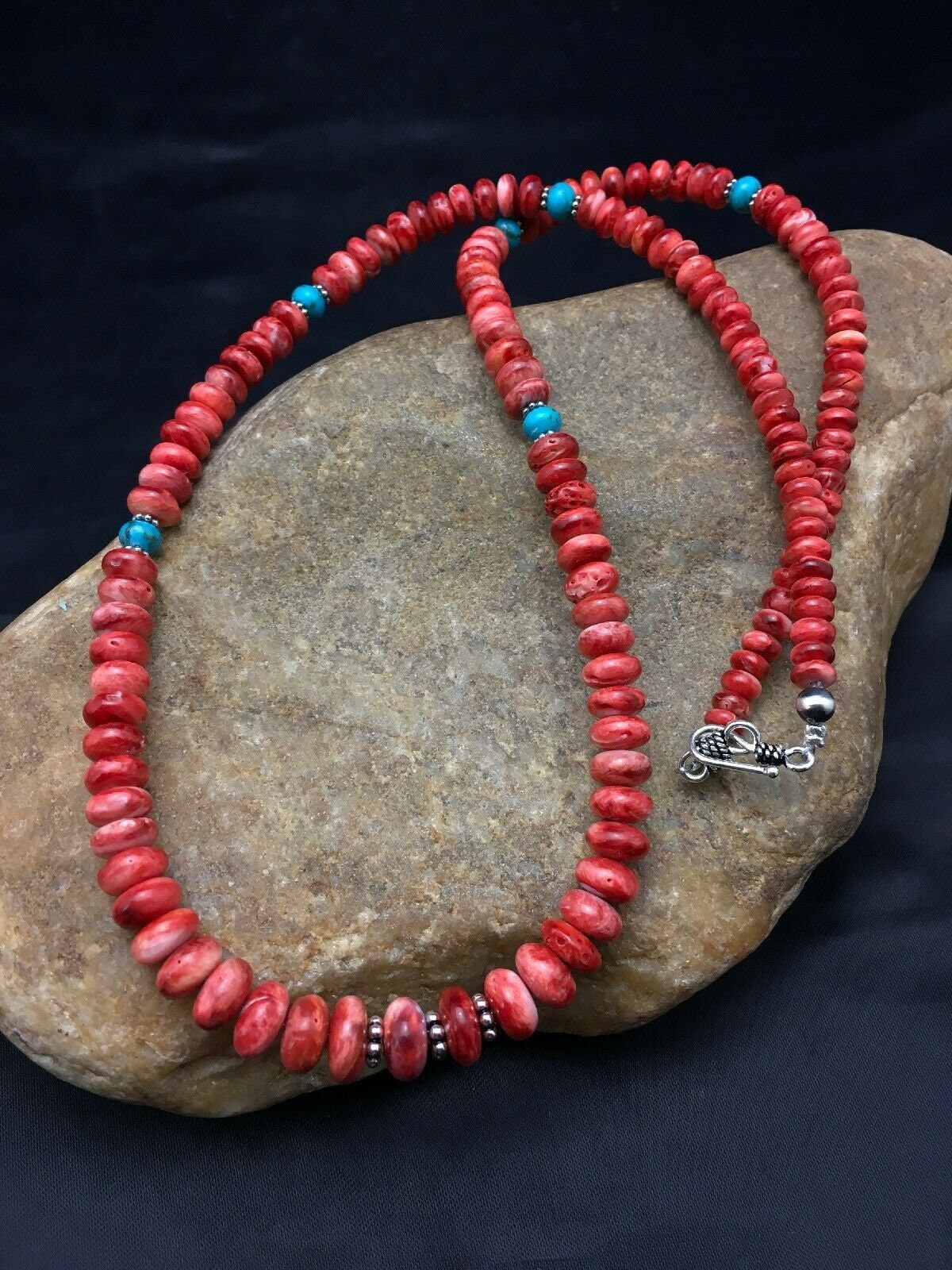 Authentic Native American Navajo Graduated Red Spiny Oyster Necklace | Sterling Silver | 22" | 4096