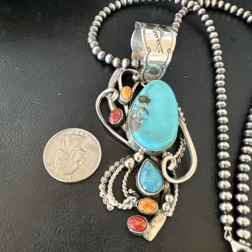 Navajo Kingman Turquoise | Spiny Oyster Necklace Pendant | Sterling Silver | Multi-Stone | 15950