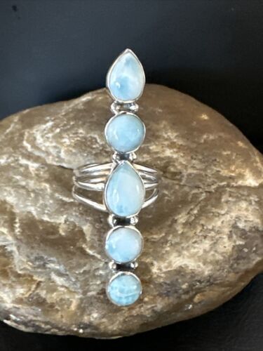 Navajo Blue Larimar Cluster Ring | Authentic Native American Sterling Silver | Multi-Stone | Sz 8 | 15979