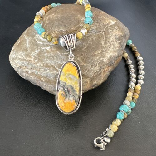 Navajo BumbleBee Jasper Pendant Necklace | Sterling Silver Pearls | Authentic Native American Handmade | 16879