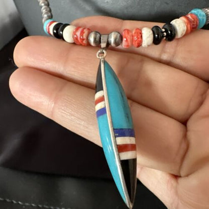 Navajo Turquoise Spiny Oyster Inlay Pendant Necklace | Sterling Silver | Authentic Native American Handmade | 13560