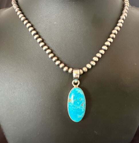 Navajo Blue Kingman Turquoise Pendant with Pearls | Sterling Silver Necklace | 20" | 16993