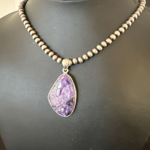 Navajo Purple Charoite Pendant with Pearls | Sterling Silver Necklace | Authentic Native American Handmade | 17312