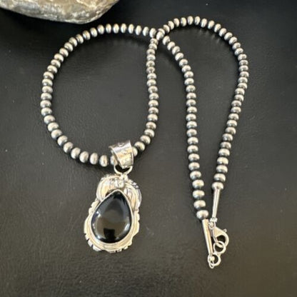 Navajo Pearls Black Onyx Necklace | Sterling Silver | Authentic Native American Handmade | 16133