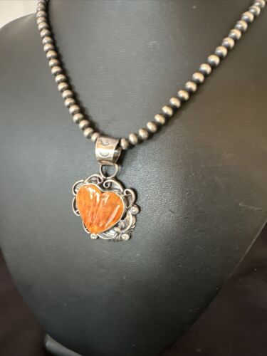 Navajo Orange Spiny Oyster Heart Pendant Necklace | Sterling Silver | Authentic Native American Handmade | 16423
