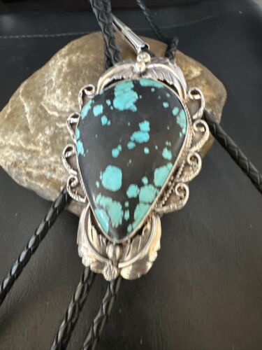 Men's Blue Spiderweb Turquoise Bolo Tie | Navajo Sterling Silver | Authentic Native American Handmade | 15008