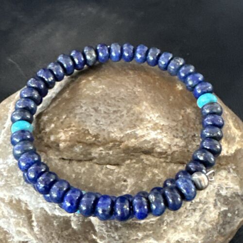 Navajo Lapis Turquoise Heishi Bracelet | Stainless Steel Memory Wire 6mm | Authentic Native American Handmade | 17614