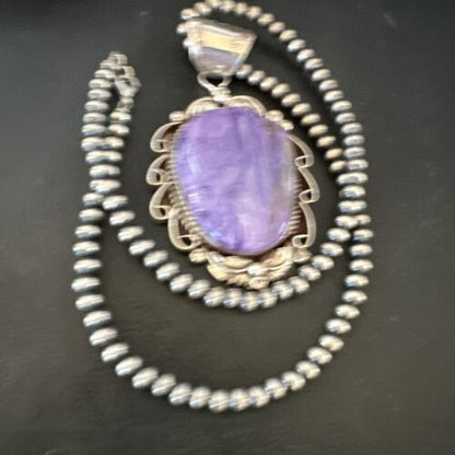 Navajo Purple Charoite Pendant with Pearls | Sterling Silver Necklace | Authentic Native American Handmade | 16654