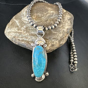 Navajo Kingman Turquoise Pendant Necklace | Sterling Silver Pearls | Authentic Native American Handmade | 15212