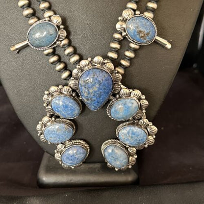 Navajo Sterling Silver Denim Lapis Pendant Necklace | Naja Squash Blossom | Authentic Native American Handmade | 15033