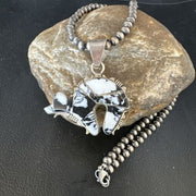 Navajo White Buffalo Turquoise Bear Inlay Pendant Necklace | Sterling Silver | Native American Handmade | 15248
