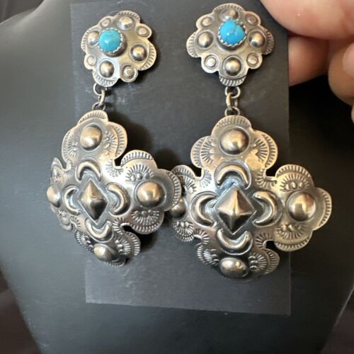 Navajo Stamped Sterling Silver Earrings Set | Handmade | 2.75" | Authentic Native American | 16341
