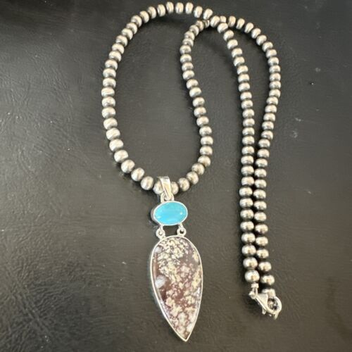 Navajo Wild Horse | Blue Kingman Turquoise Necklace | Sterling Silver | Authentic Native American Handmade | 17316