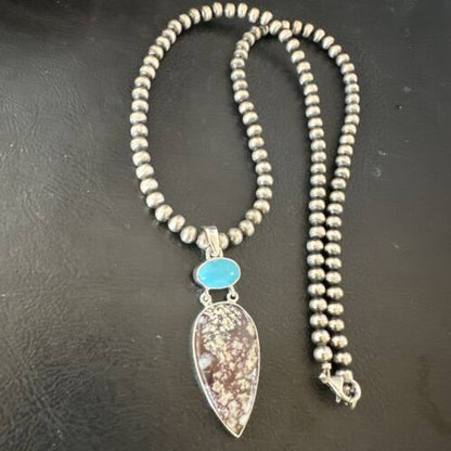 Navajo Wild Horse | Blue Kingman Turquoise Necklace | Sterling Silver | Authentic Native American Handmade | 17316