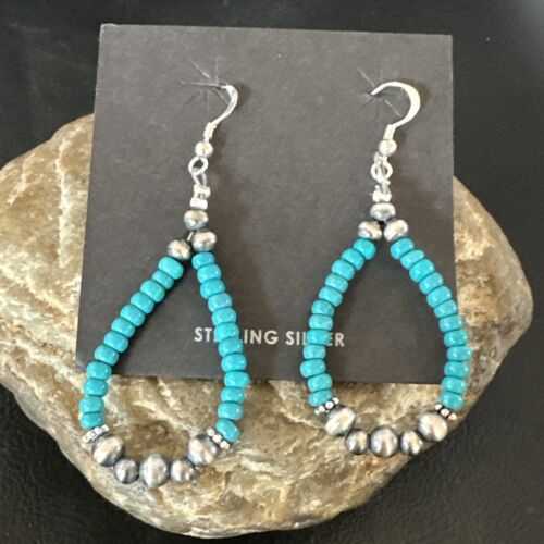 Navajo Teal Blue Turquoise 4mm Bead Earrings | Sterling Silver Pearls | 2" | Authentic Native American Handmade | 16823