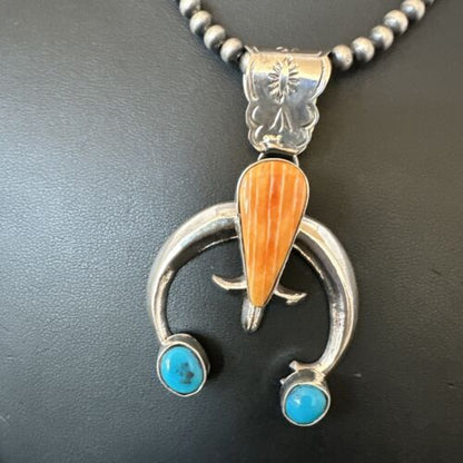 Navajo Blue Turquoise Orange Spiny Oyster Naja Pendant | Sterling Silver | Authentic Native American Handmade | 16411