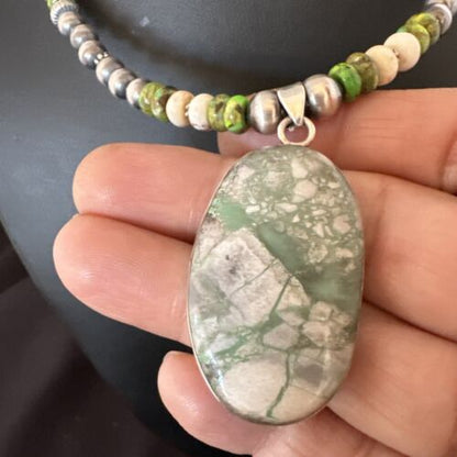 Navajo Green Turquoise Jasper Pendant Necklace | Sterling Silver | Native American Handmade | 16924