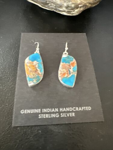Navajo Blue Turquoise & Orange Spiny Oyster Inlay Dangle Earrings | Sterling Silver | 15585
