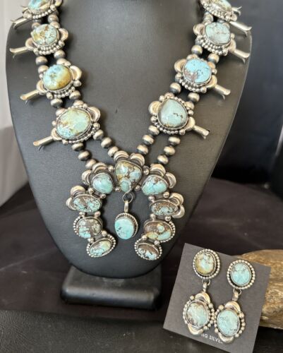 Navajo Blue Golden Hills Turquoise Squash Blossom Necklace & Earrings | Sterling Silver | 17211