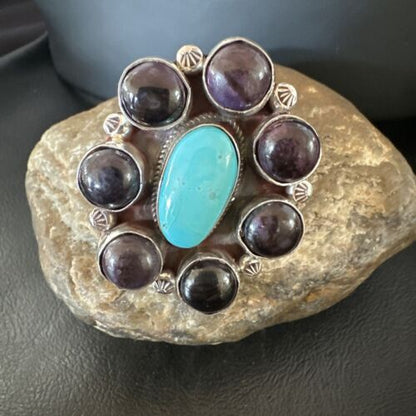 Navajo Cluster Blue Kingman Turquoise Sugilite Ring | Authentic Native American Sterling Silver | Multi-Stone | Sz 8 | 16774