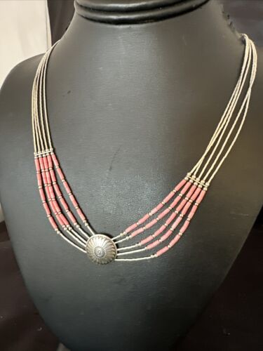 Navajo Concha Pink Conch Heishi 5-Strand Liquid Sterling Silver Necklace 20" | Southwestern Jewelry 15873