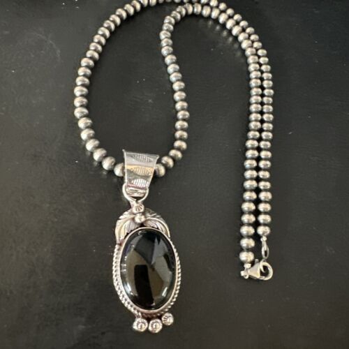 Men's Navajo Pearls Necklace with Black Onyx Pendant | Sterling Silver | Authentic Native American Handmade | 15366