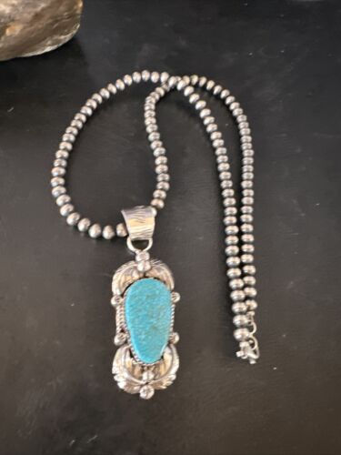 Navajo Kingman Turquoise Pendant Necklace | Sterling Silver Pearls | Authentic Native American Handmade | 15217