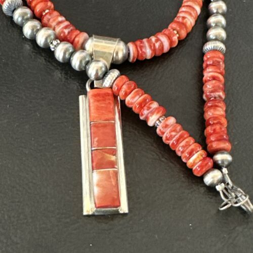 Navajo Red Spiny Oyster Pendant Necklace | Sterling Silver Inlay | Authentic Native American Handmade | 16883