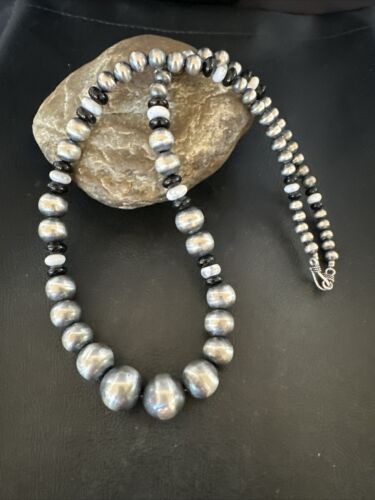 Navajo Pearls Graduated Sterling Silver Black Onyx White Bead Necklace 24" | Handmade Jewelry | 17584 | 17584