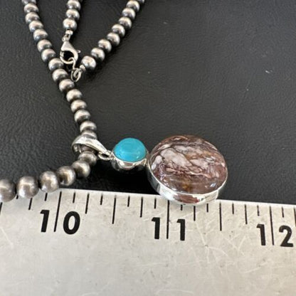 Navajo Wild Horse | Blue Kingman Turquoise Necklace | Sterling Silver | Authentic Native American Handmade | 17339