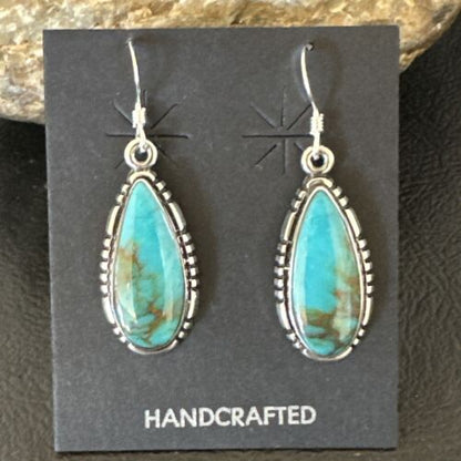 Navajo Blue Turquoise Dangle Earrings | Sterling Silver | Authentic Native American Handmade | 16505