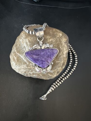 Navajo Pearls Necklace with Purple Charoite Pendant | Sterling Silver | Authentic Native American Handmade | 14883