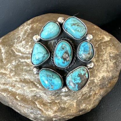 Navajo Blue Kingman Turquoise Cluster Ring | Authentic Native American Sterling Silver | Multi-Stone | Sz 10 | 17644