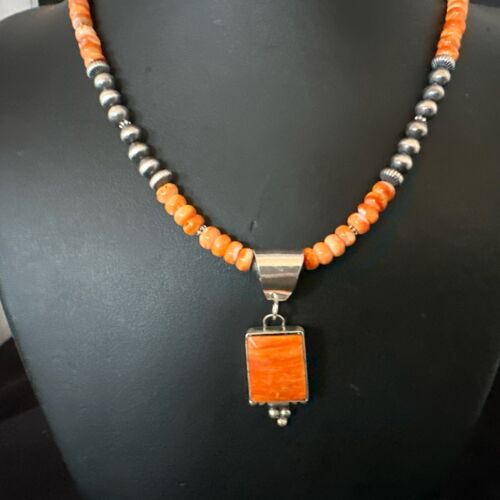 Navajo Pearls Necklace with Orange Spiny Oyster Pendant | Sterling Silver | Authentic Native American Handmade | 17050