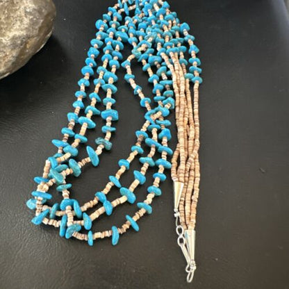Navajo Blue Kingman Turquoise Shell Heishi Necklace | Sterling Silver | 30" | Authentic Native American Handmade | 16070
