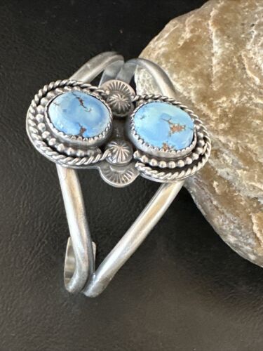 Navajo Blue Golden Hills Turquoise Cuff Bracelet | Sterling Silver | Authentic Native American Handmade | 16428 - Masha USA