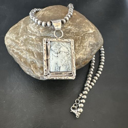 White Buffalo Turquoise Pendant | Navajo Pearls Sterling Silver Necklace | Authentic Native American Handmade | 17103