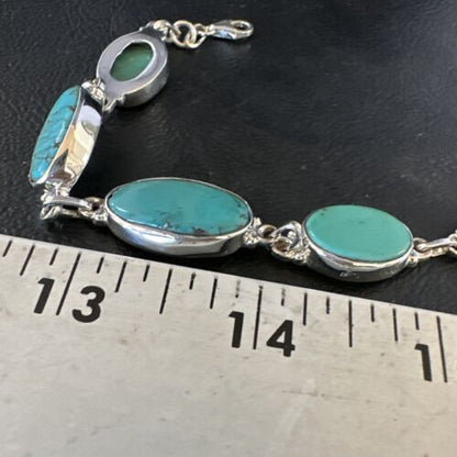 Navajo Blue Turquoise Link Bracelet | Sterling Silver | 8" | Authentic Native American Handmade | 15467