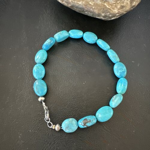 Women's Blue Turquoise Bead Bracelet | Southwestern Sterling Silver Link | 9" | 17229