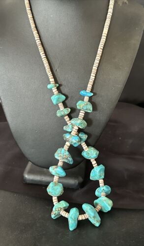 Navajo Kingman Turquoise Shell Heishi Bead Necklace | Sterling Silver | 28" | Authentic Native American Handmade | 17448