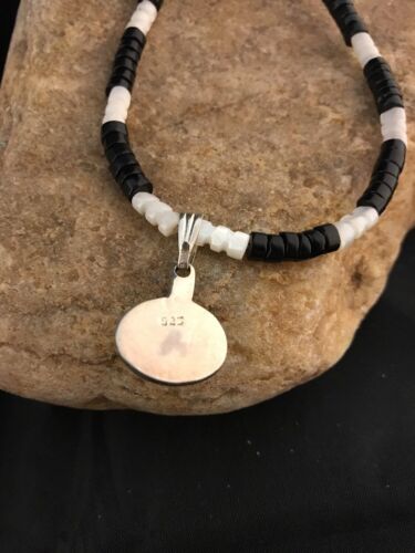 Navajo Mother of Pearl and Black Onyx Pendant Necklace | Sterling Silver | Authentic Native American Handmade | 00404