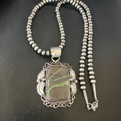 Navajo Green Boulder Turquoise Necklace Pendant | Sterling Silver | Men's Women's | 16134
