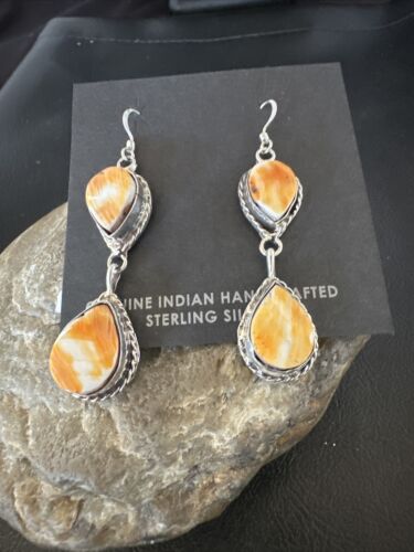 Navajo Orange Spiny Oyster Dangle Earrings | Sterling Silver | 1.5" | Authentic Native American Handmade | 16572