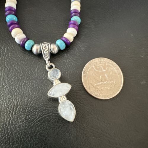 Navajo White Mother of Pearl, Turquoise, Sugilite Pendant Necklace | Sterling Silver | 16851