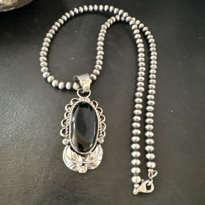 Men's Navajo Pearls Black Onyx Necklace Pendant | Sterling Silver | Authentic Native American Handmade | 16534 - Masha USA