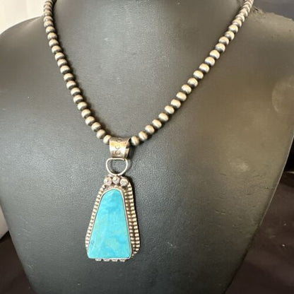 Navajo Pearls Kingman Turquoise Pendant Necklace | Sterling Silver | Authentic Native American Handmade | 17132