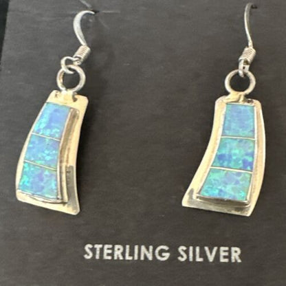 Navajo Blue Faux Opal Inlay Dangle Earrings | Sterling Silver | 1" | Authentic Native American Handmade | 17439