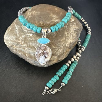 Wild Horse | Blue Kingman Turquoise Necklace Pendant | Sterling Silver | Multi-Stone | 17575